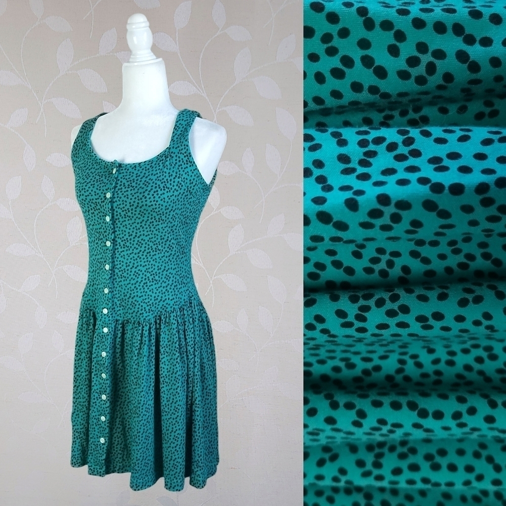 Vintage 90s South Beach Teal Black Polka Dot Cutout Back Button Front Mini Dress